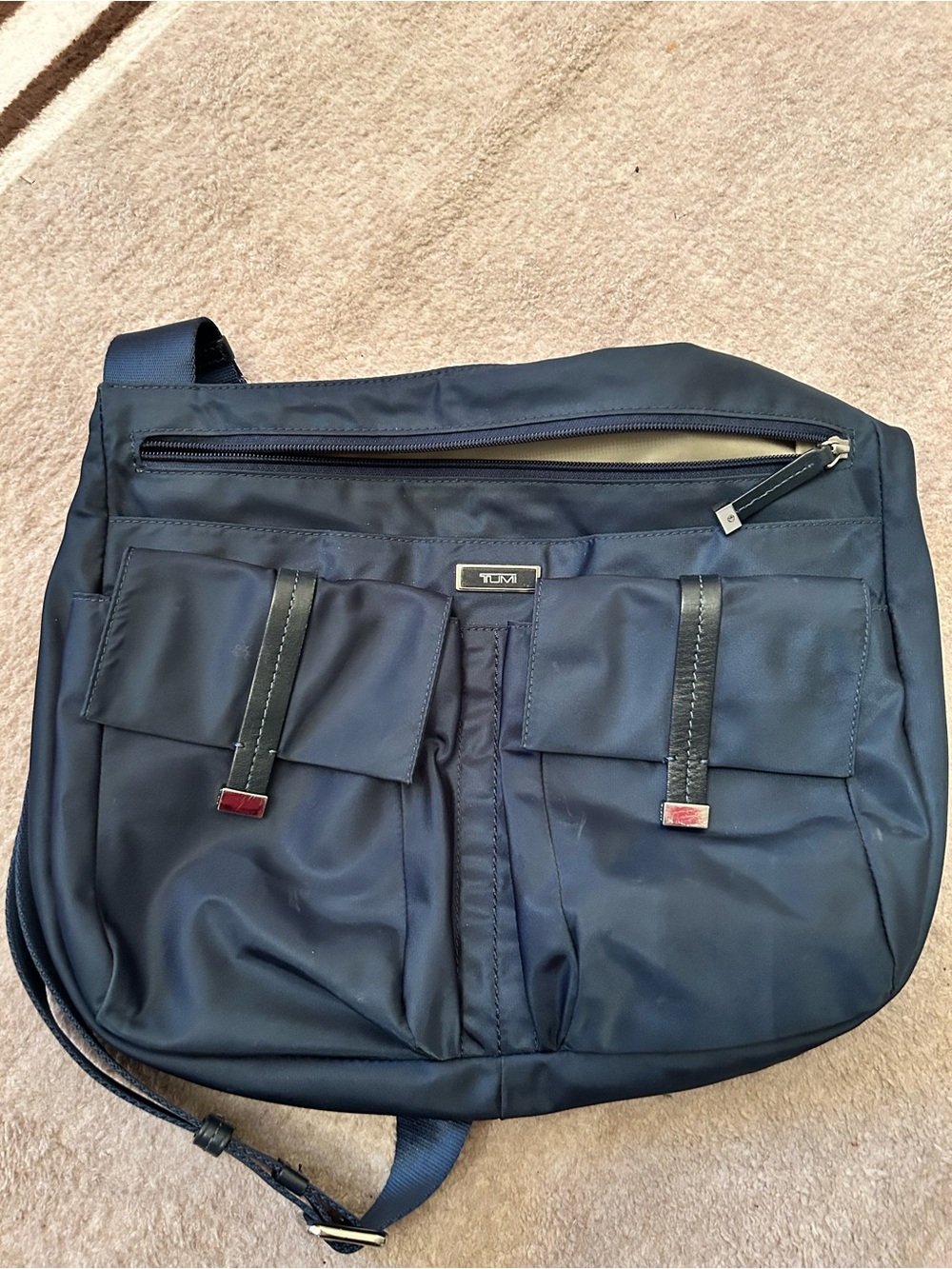 Tumi Navy Blue Men's Messenger Bag with Front Flap Pockets